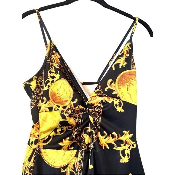 Soho Chic Keyhole Coin Print Sleeveless Black Gold One Piece Jumpsuit Size Small - Picture 4 of 4